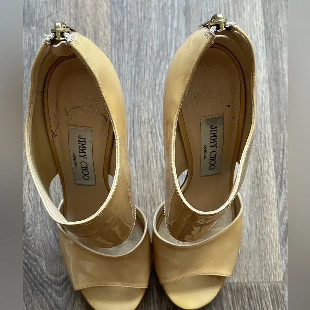 Jimmy Choo Nude Patent Platform Peep Toe Heels Ankle Cuff Stiletto Pumps 37.5